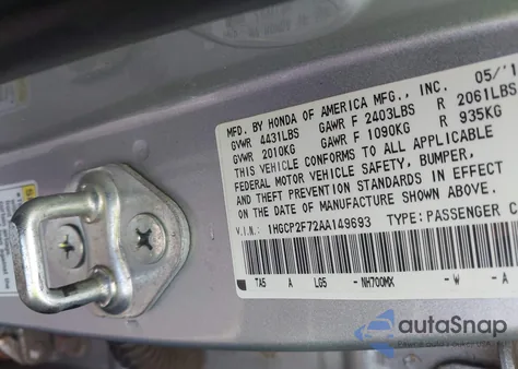 2010 Honda Accord 2.4 Ex из США, поврежденный, VIN 1HGCP2F72AA149693